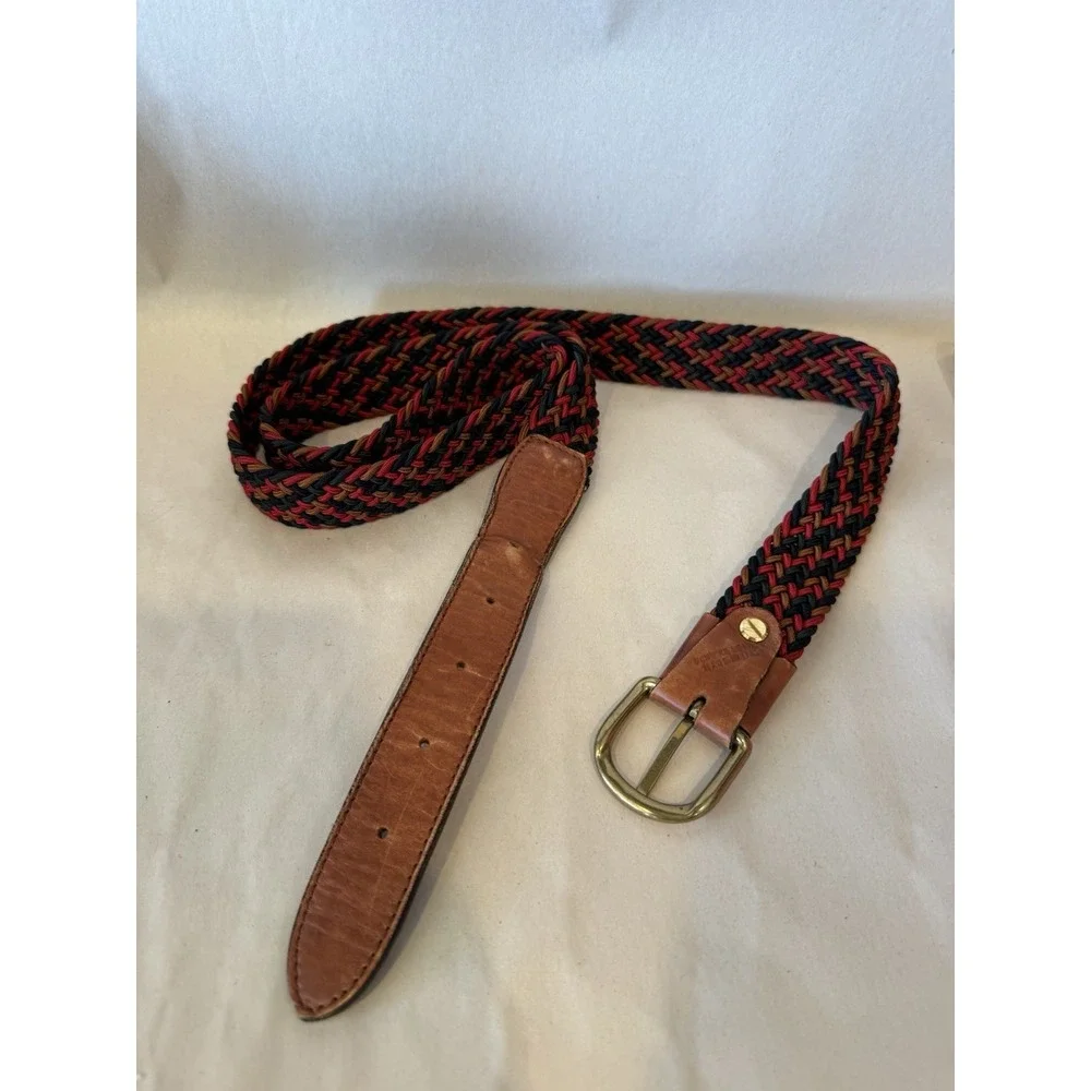 Vintage Authentic Italian Belt Italy Elastic Woven Gold Buckle Brown Leather 44
